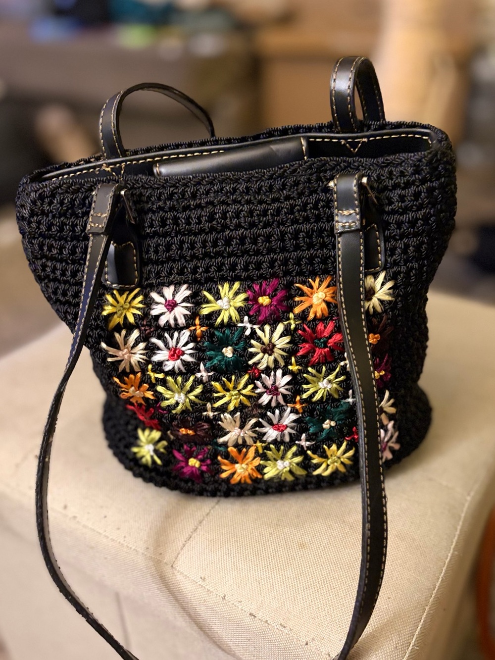 Liz Claiborne Black Crochet Shoulder Bag with Multicolor Floral Embroidery - Picture 3 of 6
